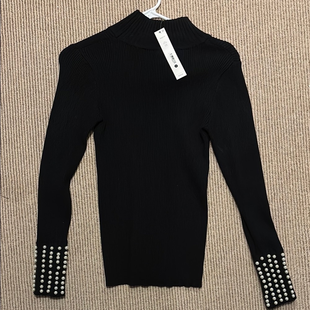 Aqua Black Turtleneck Sweater with Pearl Cuffs